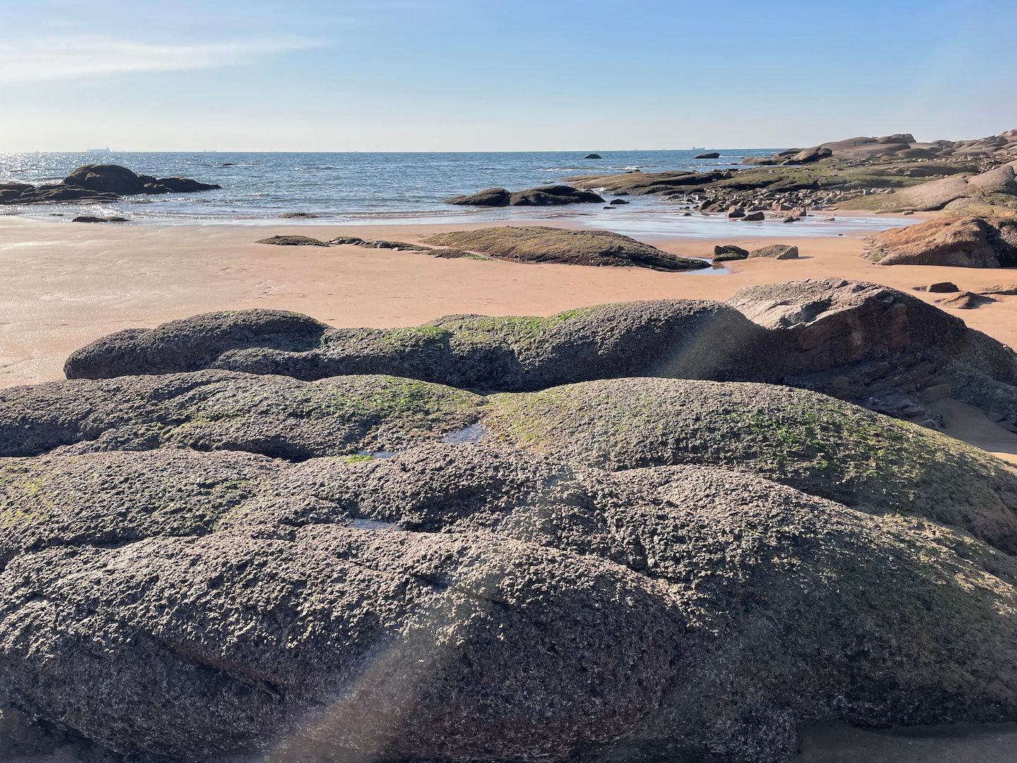 青岛民宿附近的海边，有很多礁石